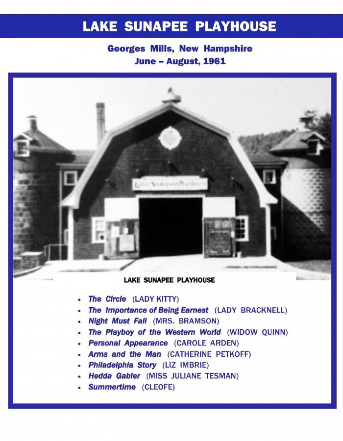 Lake Sunapee Playhouse, Georges Mills, NH, 1961, “Circle”, “Earnest”, ‘ Night Must Fall”, ‘Playboy”, “Philadelphia  Story”, “Personal Appearance”,  “Arms 