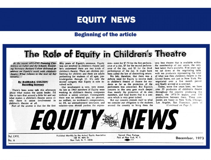 Equity News, Dec., 1976, Role of Equity in Children’s Theatre