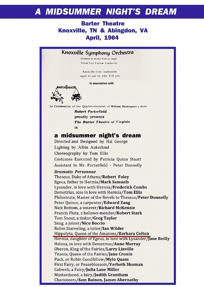 ‘A Midsummer Night’s Dream” Barter Theatre, Knoxville Symphony Orchestra, 1964