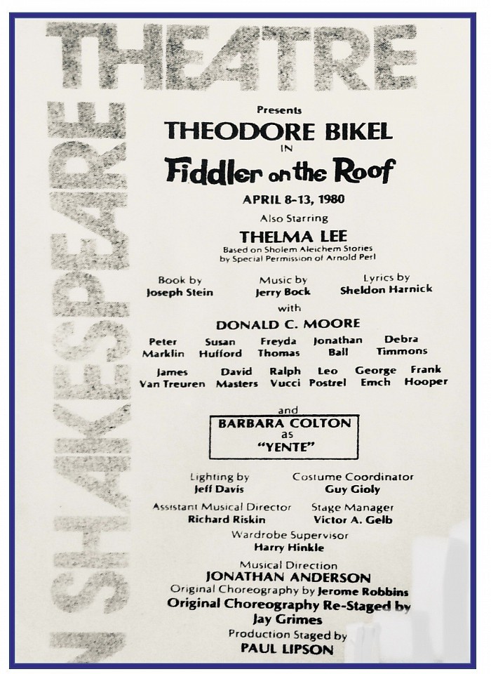 “Fiddler” w/Bikel, AmericanShakespeareTheatre Playbill, 1980