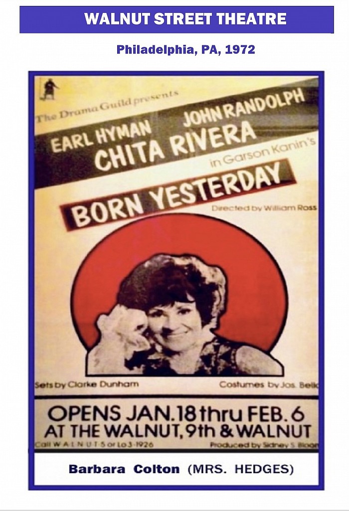 Walnut St. Theatre, “Born Yesterday”, Chita Rivera, 1972, Mrs. Hedges