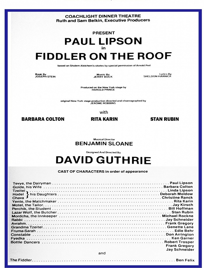 “Fiddler” Coachlight Dinner Theatre Playbill, 1978