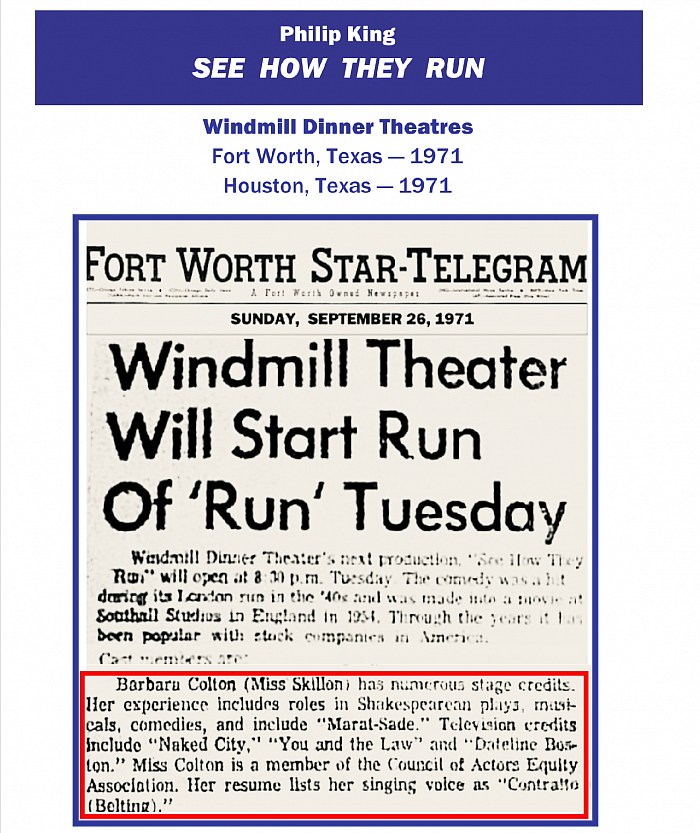 “See How They Run”, Miss Skillon press, Windmill, Ft. Worth, 1971