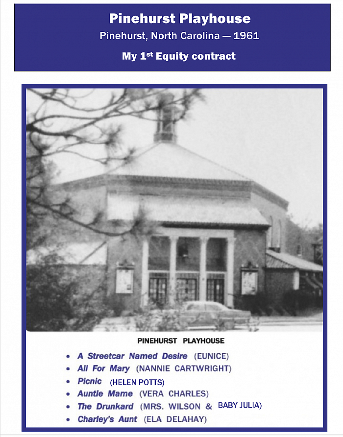 Pinehurst Playhouse, 1st Equity contract, 1961, “Streetcar”, “Picnic”, “All f or Mary”,  “Drunkard”, “Mame”,  ‘Charley’s Aunt”