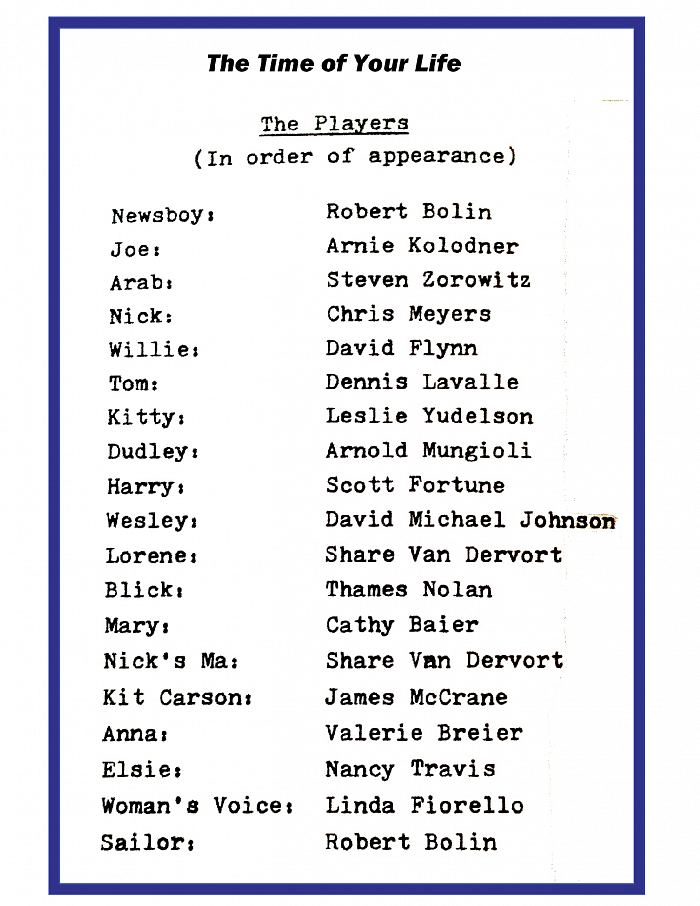 “Time of Your Life” cast list, 1981