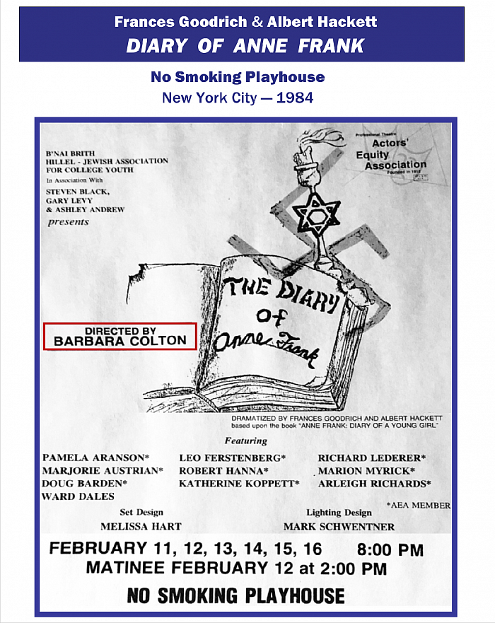 “Diary of Anne Frank”, Poster, No Smoking Playhouse, 1984