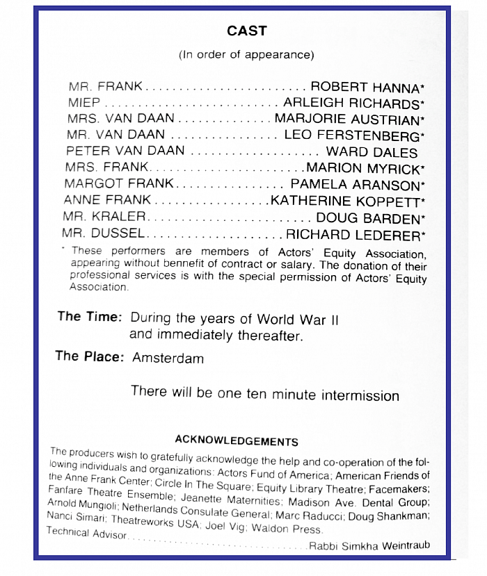 “Diary of Anne Frank” cast list, 1984