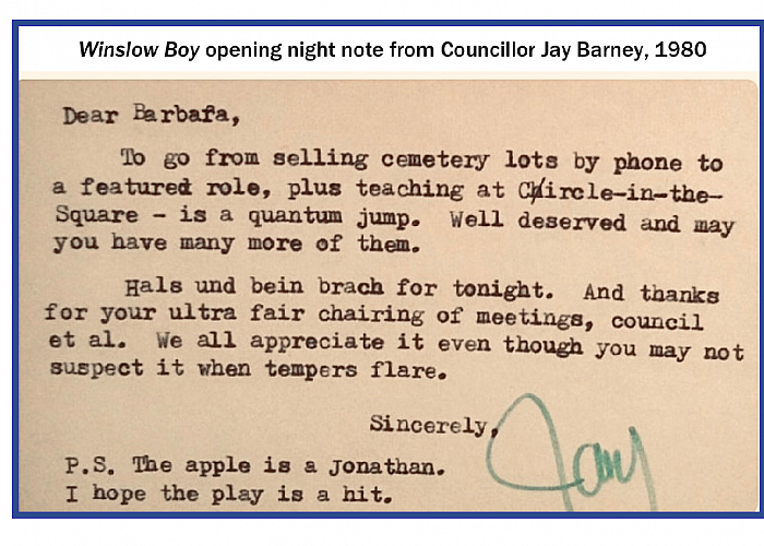 “WinslowBoy” opening nite not JayBarney, 1980