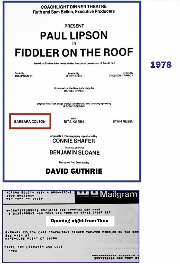 “Fiddler on the Roof”, playbill, Opening night Theo, Coachlight 1978