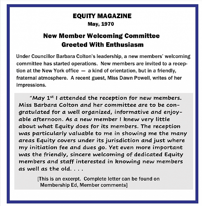 EQUITY MAGAZINE- May, 1970, Excerpt DawnPowell ltr