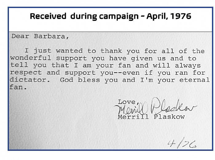 Merrill Plaskow note, 1976 1st V.P. CAMPAIGN