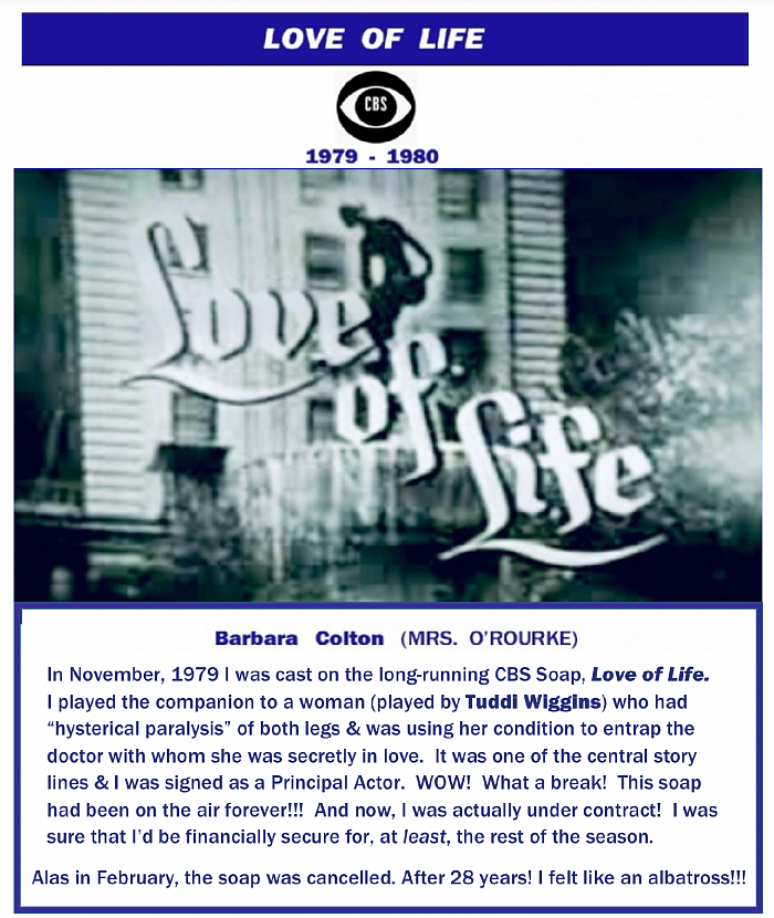 “LoveofLife”, CBSsoap, Mrs.O’Rourke, TuddiWiggins, 1979-1980